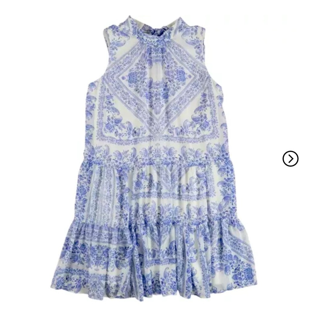 Calvin Klein drop waist tiered dress. Delft. Halter tie. Patchwork. Garden party